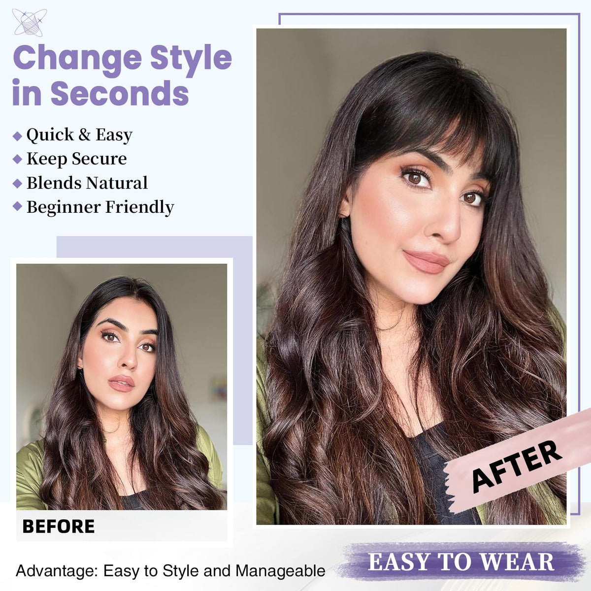 Packaging contents of the dark brown wispy bangs hairpiece highlighting the modern style.