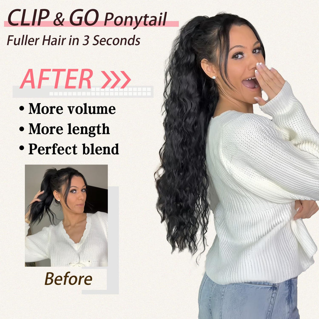 Side angle view of a model wearing the 30 inch long fluffy ponytail extension for dramatic length