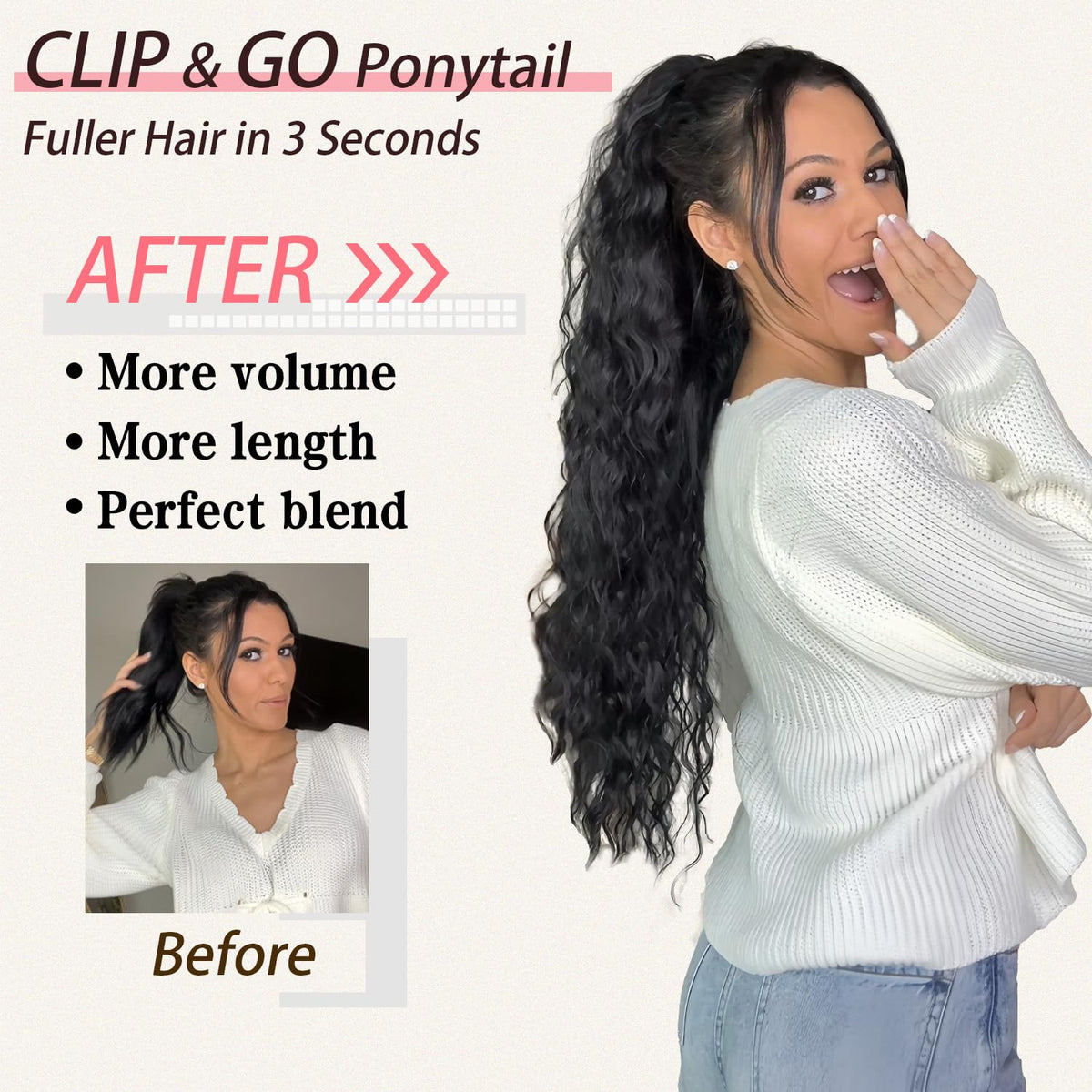 Side angle view of a model wearing the 30 inch long fluffy ponytail extension for dramatic length