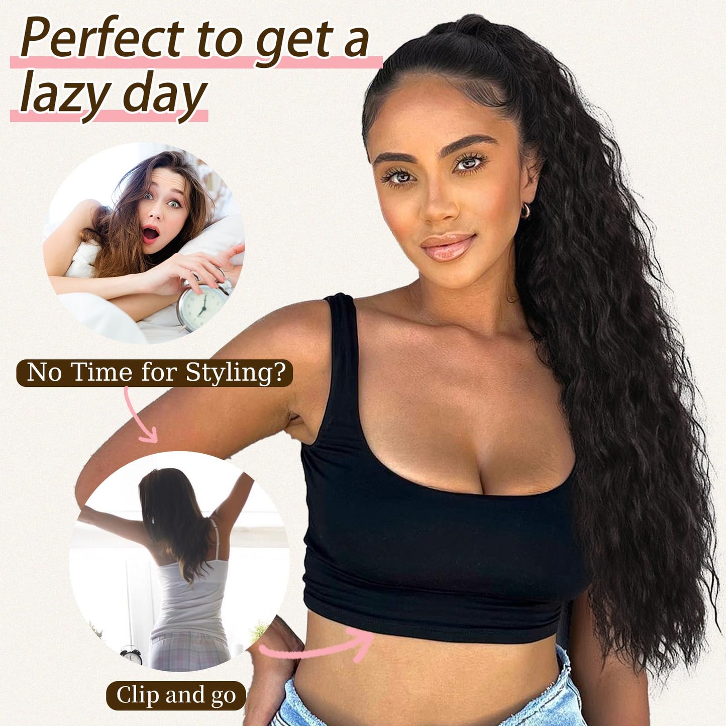 ORSUNCER long wavy ponytail showing the alternative convertible drawstring wear option
