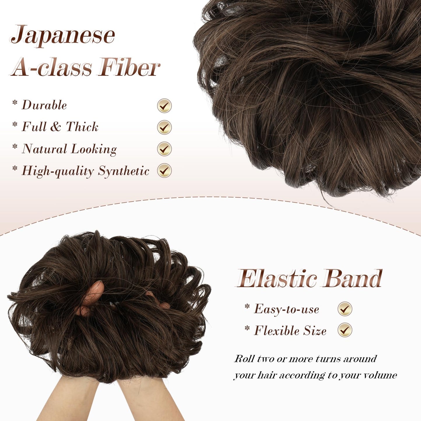 FESHFEN hair bun extensions elastic band closeup demonstrating flexible stretch