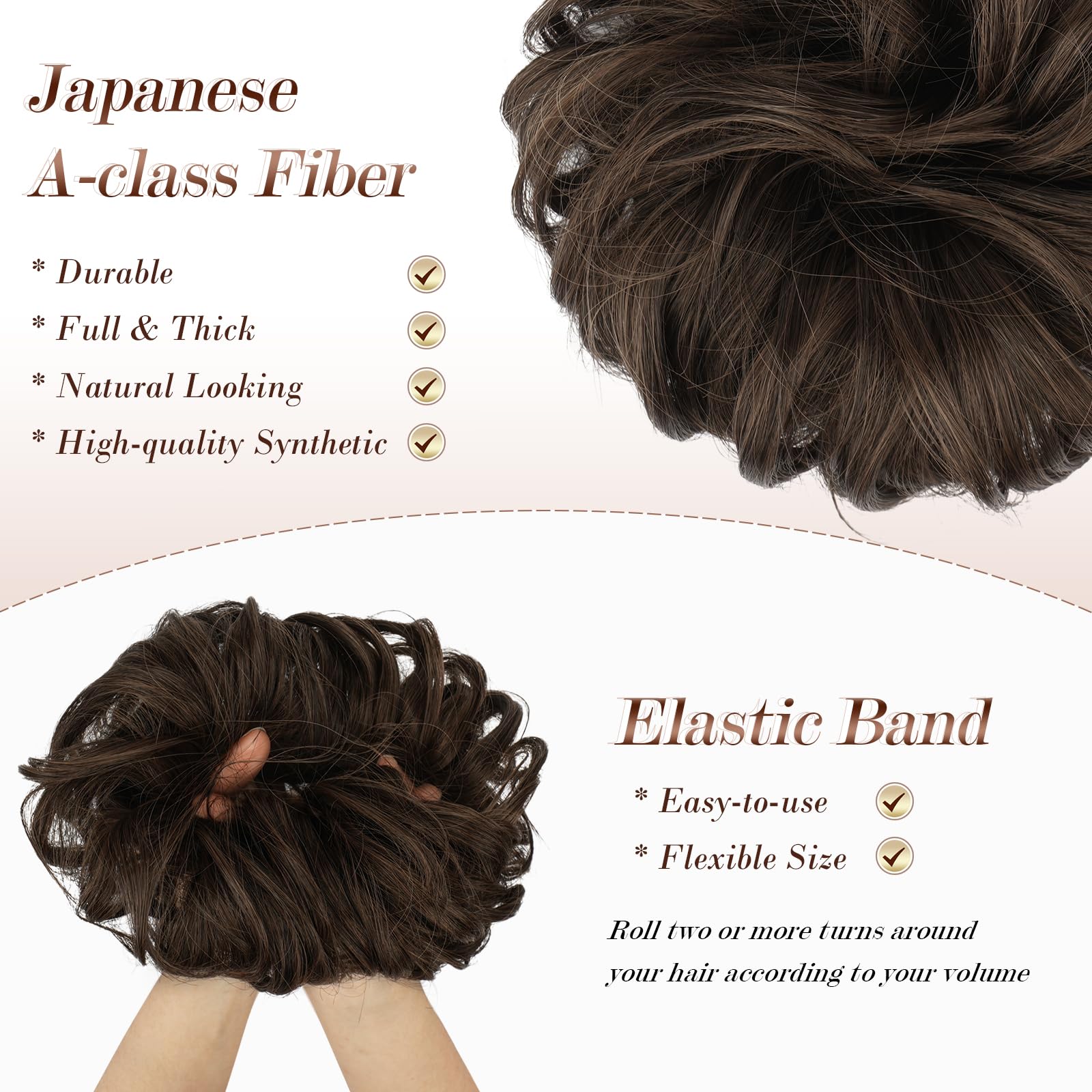 FESHFEN hair bun extensions elastic band closeup demonstrating flexible stretch