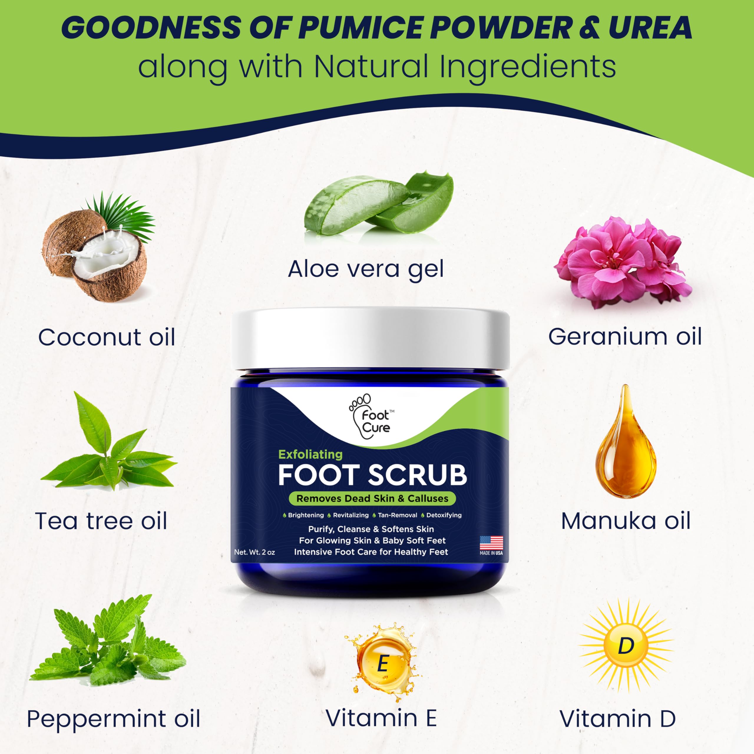 Foot Cure scrub label details and branding