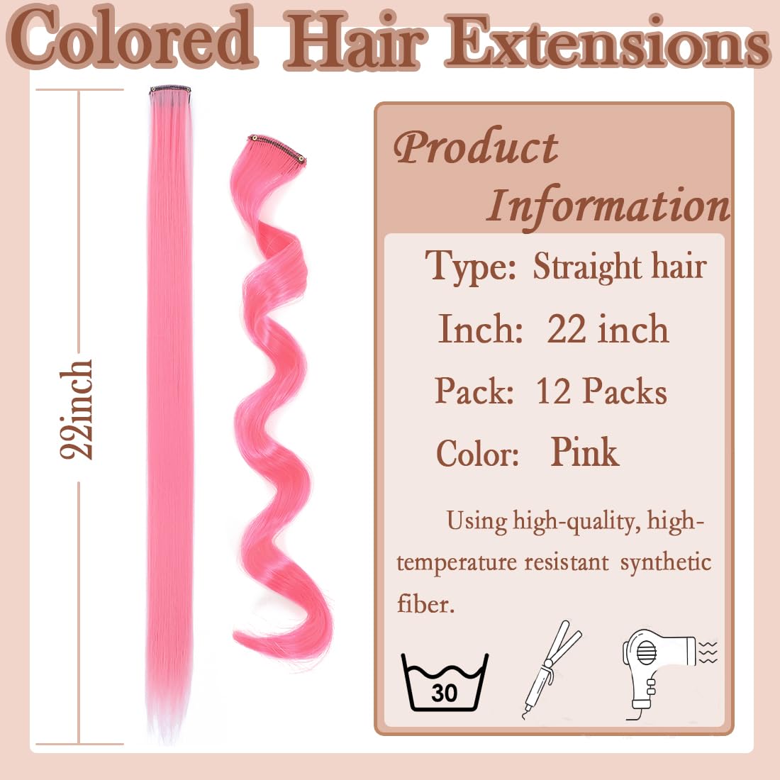 Vibrant straight pink color streak extensions laid out in a row