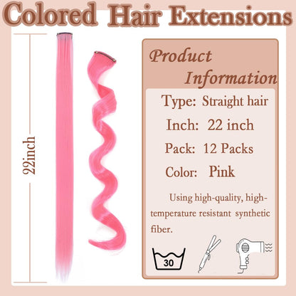 Vibrant straight pink color streak extensions laid out in a row