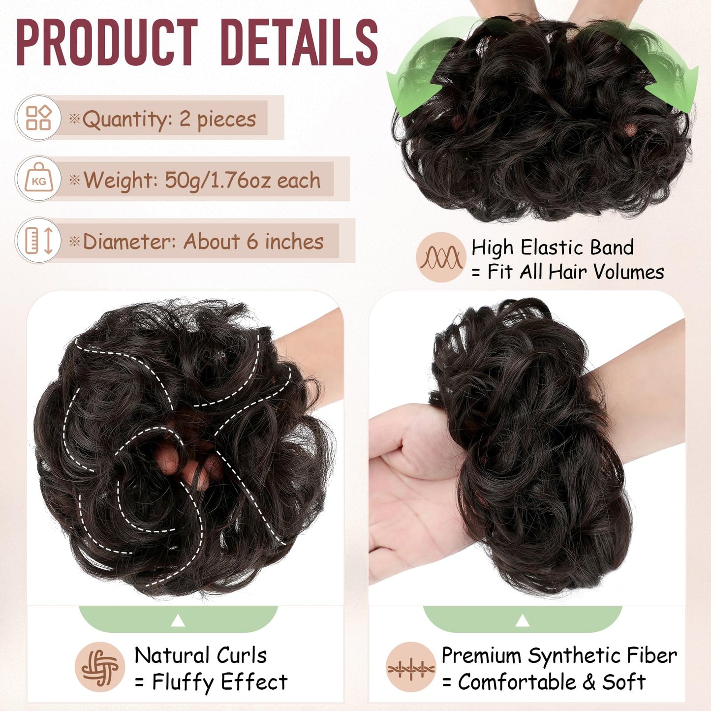 FeidyLong synthetic chignon updo hairpieces showing the two pack set volume comparison.