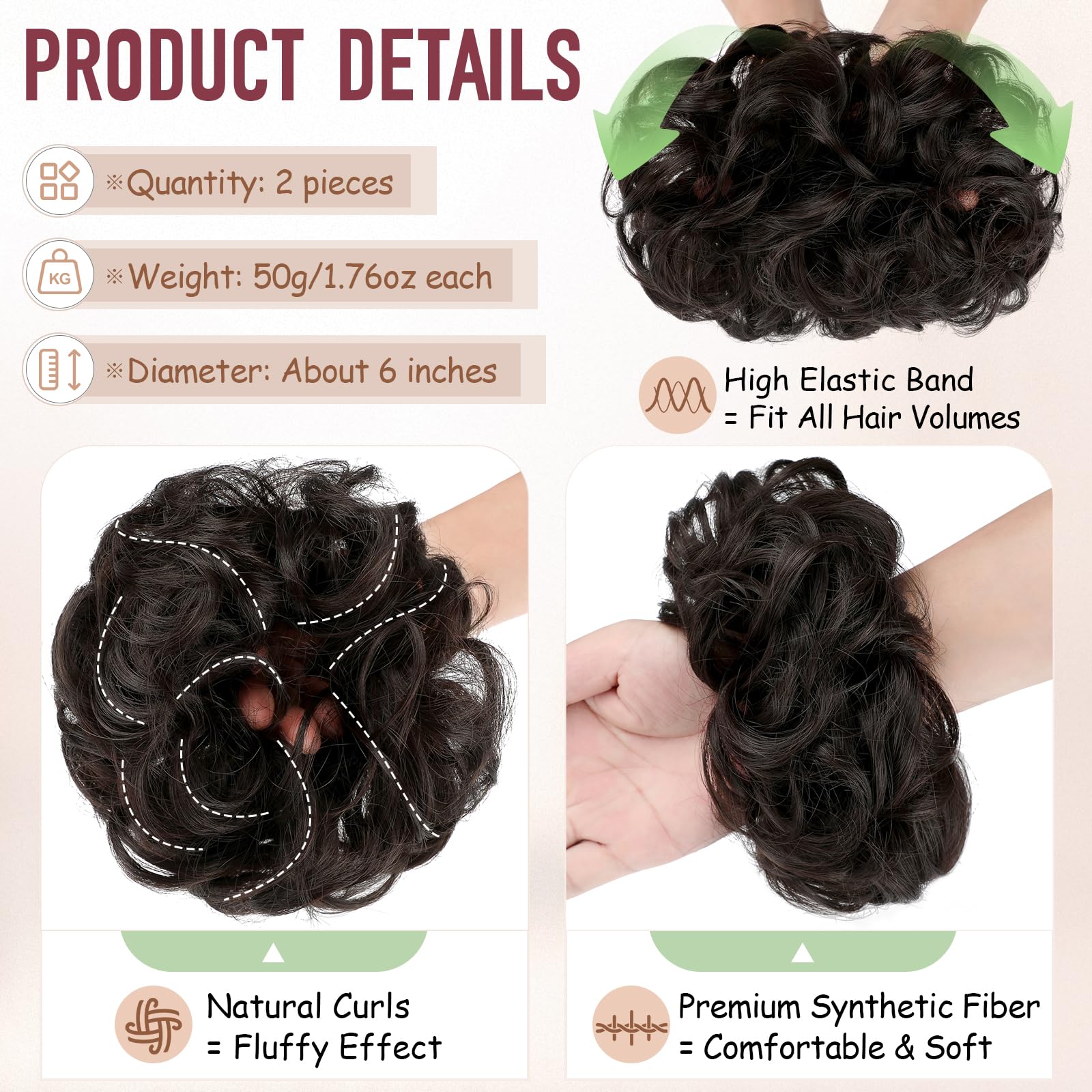 FeidyLong synthetic chignon updo hairpieces showing the two pack set volume comparison.