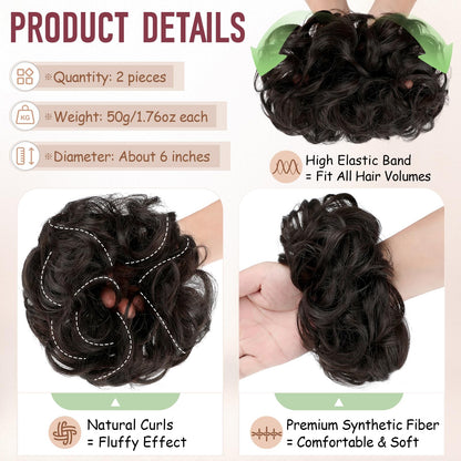 FeidyLong synthetic chignon updo hairpieces showing the two pack set volume comparison.