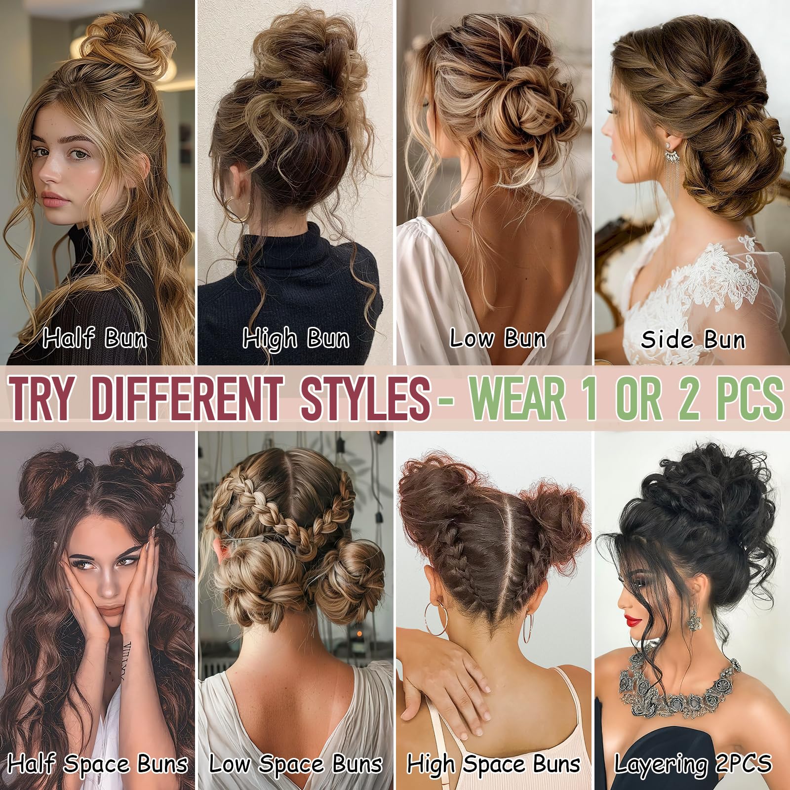 FeidyLong wavy curly hair bun scrunchies demonstrating how to style a thick messy updo.