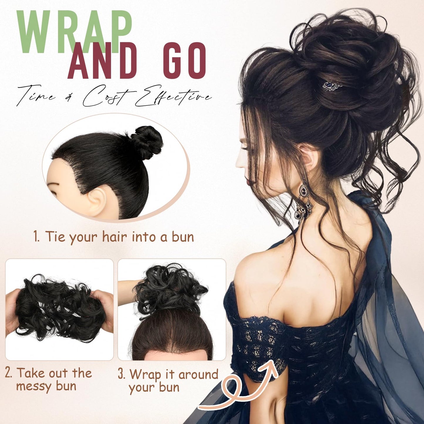 FeidyLong heat resisting synthetic fiber messy bun showing the textured tousled hairpiece layers.
