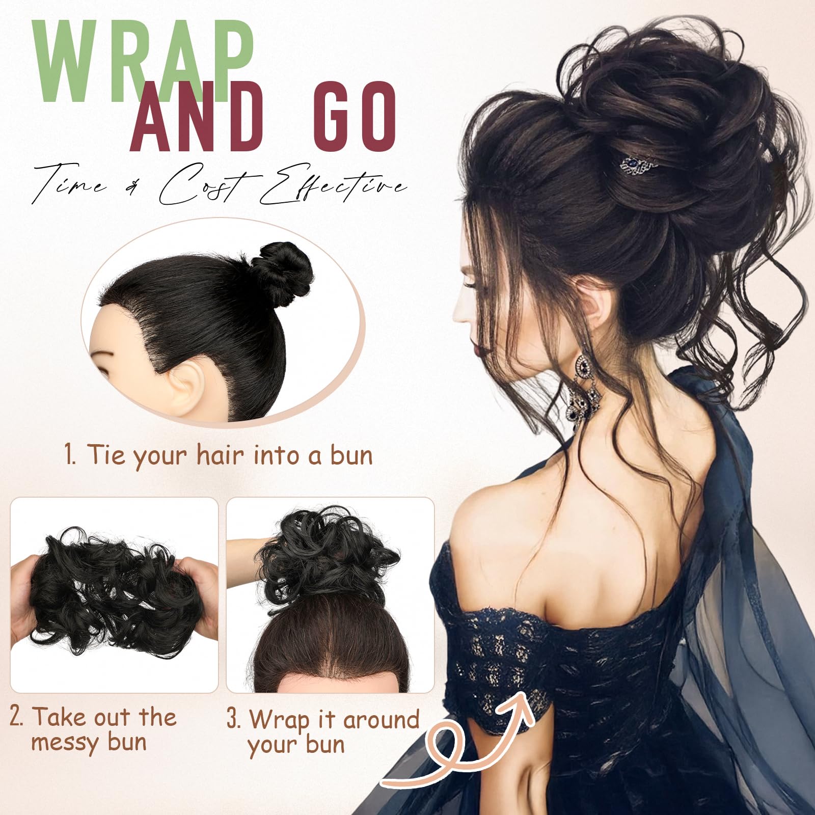 FeidyLong heat resisting synthetic fiber messy bun showing the textured tousled hairpiece layers.
