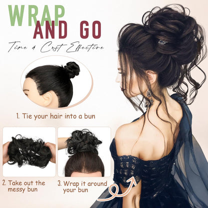 FeidyLong heat resisting synthetic fiber messy bun showing the textured tousled hairpiece layers.