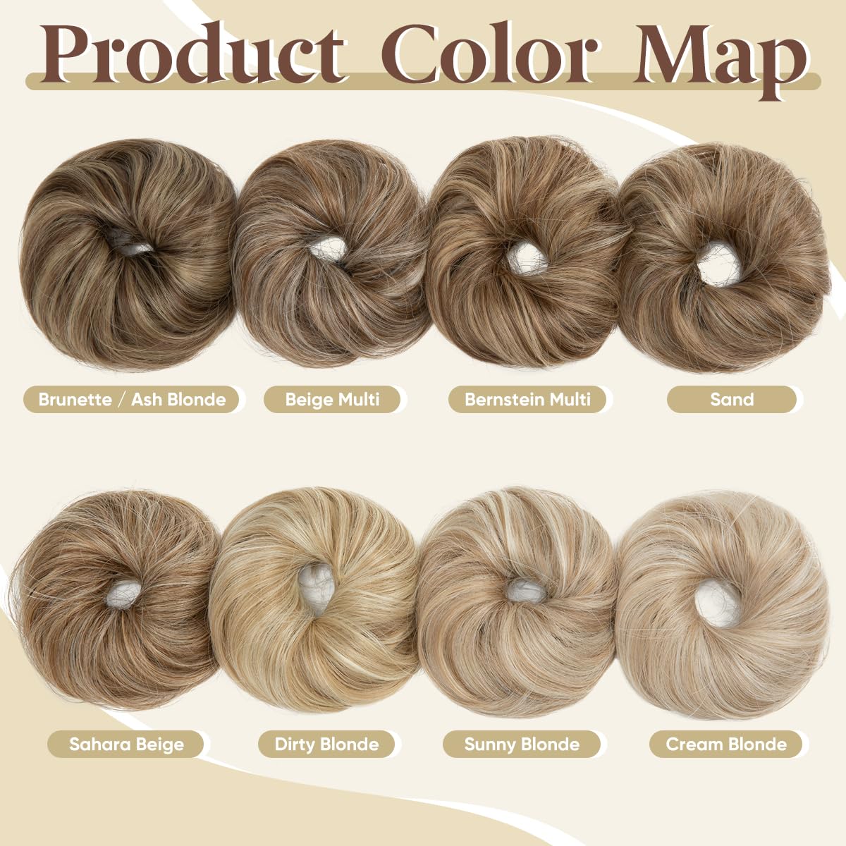 Two pack of CJL HAIR sunny blonde messy bun hairpieces displaying the lightweight elastic band design.