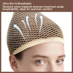 Open end beige wig cap placement on model