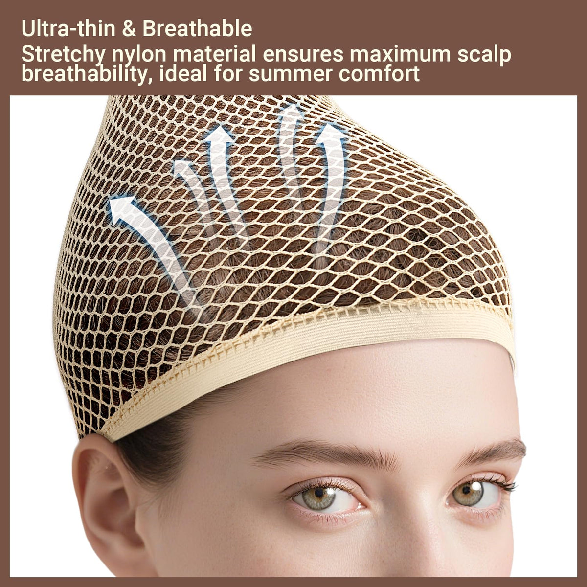 Open end beige wig cap placement on model