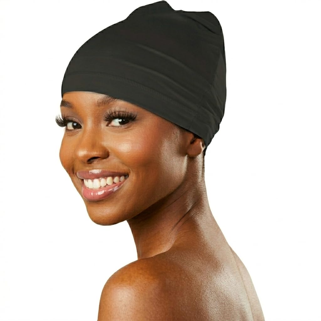 Stretchy black Donna Collection spandex cap fabric detail