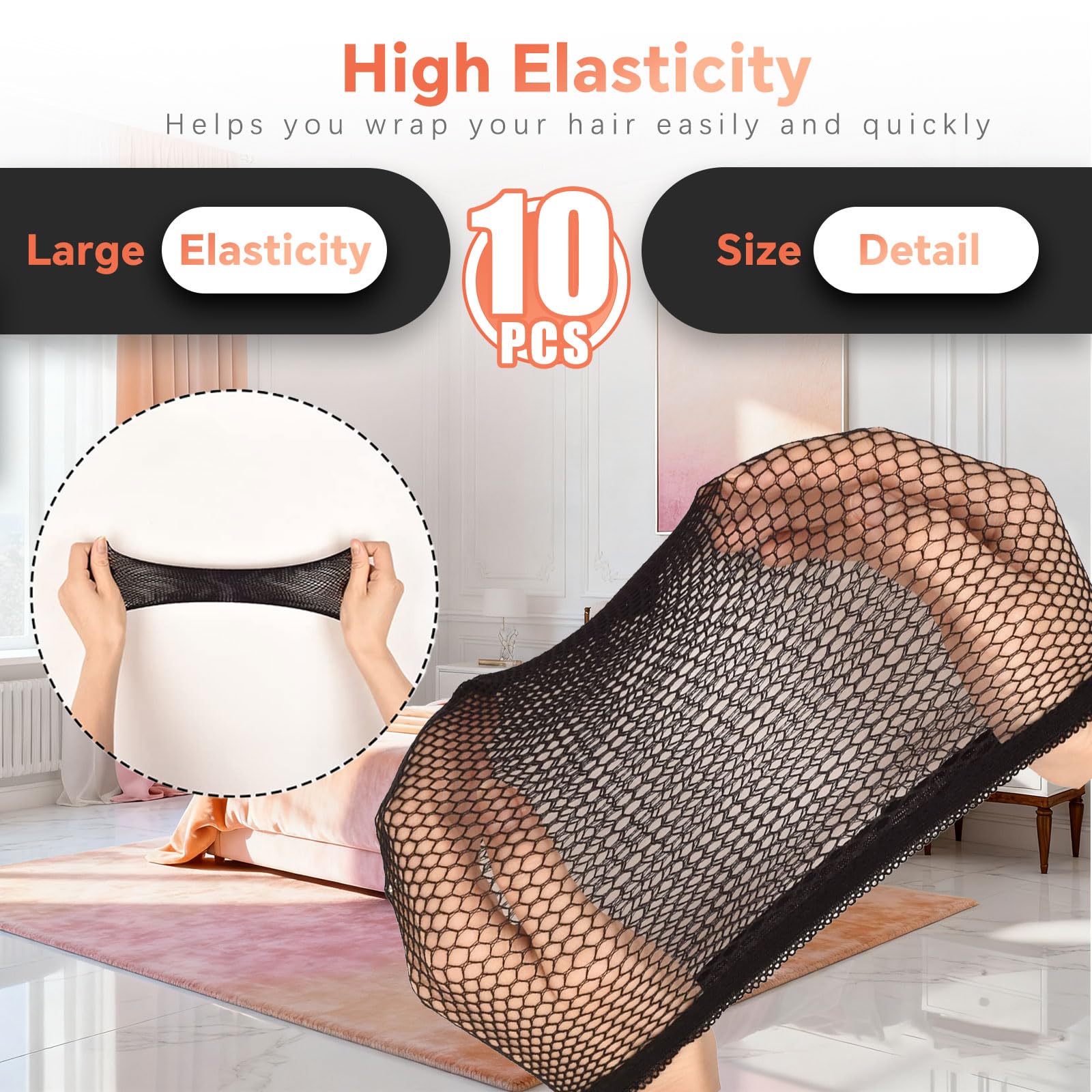 Model wearing black fishnet wig cap for secure styling