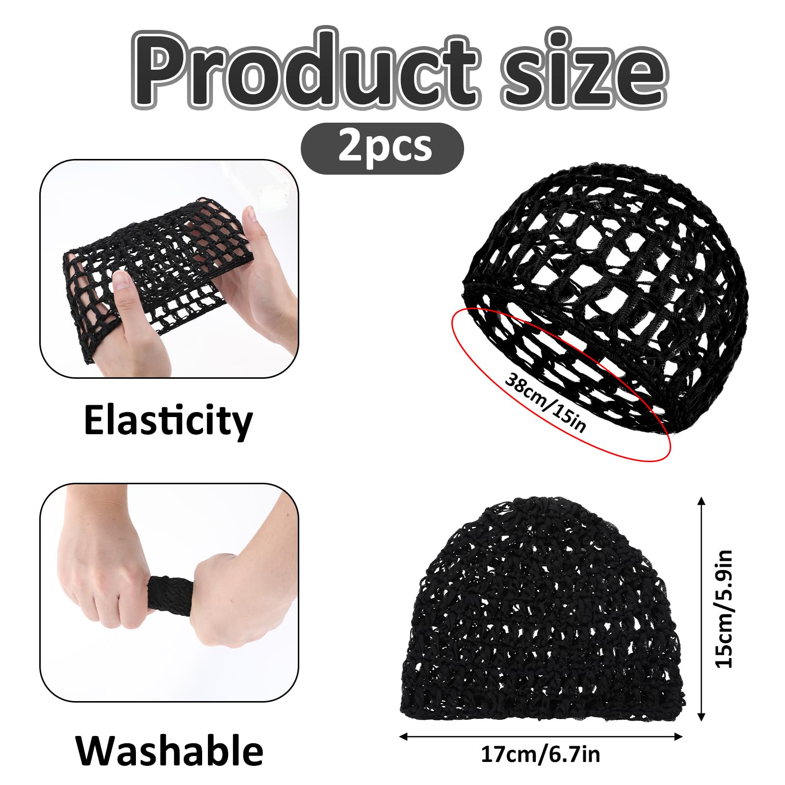 Woman wearing black crochet mesh hair net cap