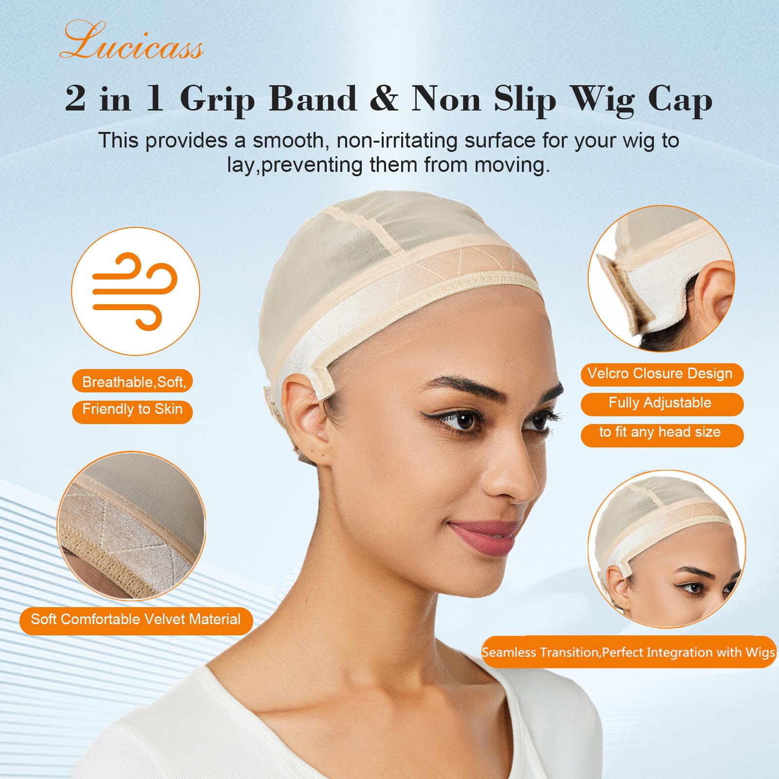 Close up of velvet grip band on Lucicass wig cap