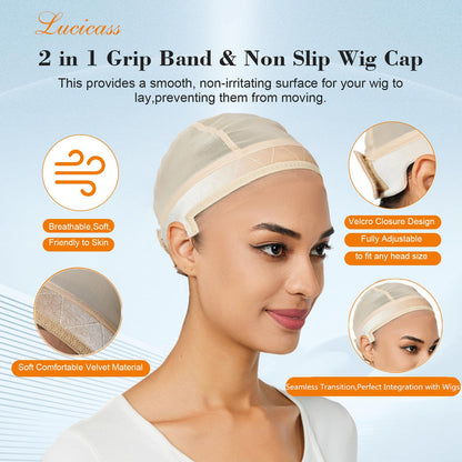 Close up of velvet grip band on Lucicass wig cap