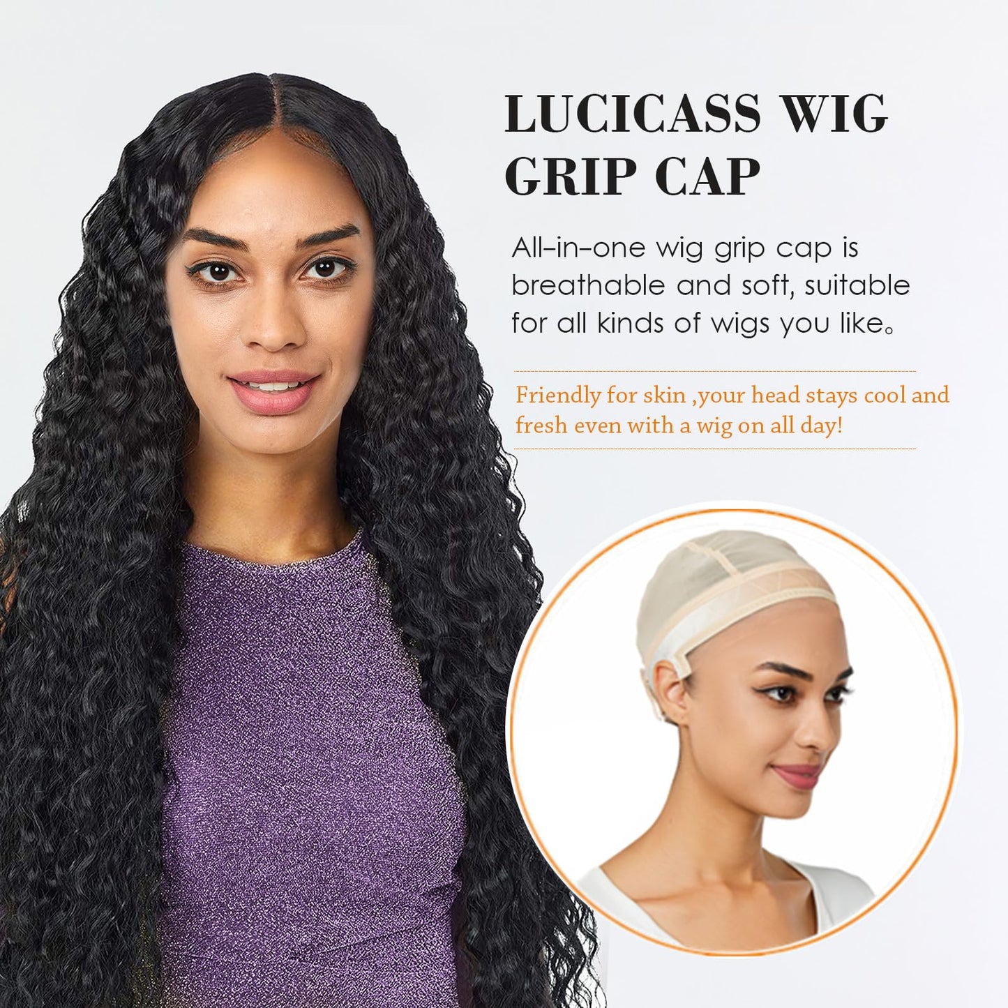 Lucicass glueless wig cap worn on mannequin head
