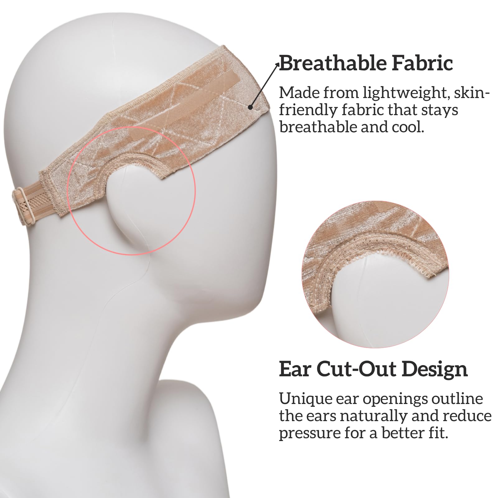 Light brown breathable wig headband with ergonomic ear cut outs