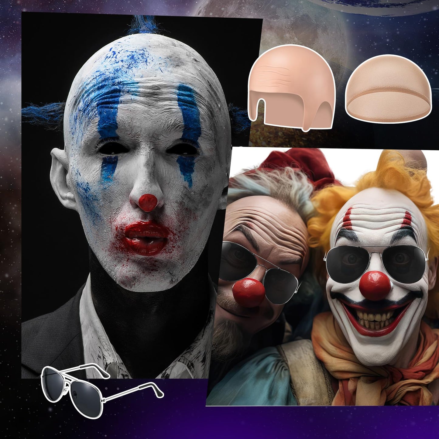 Adult wearing Mepase bald cap and costume glasses