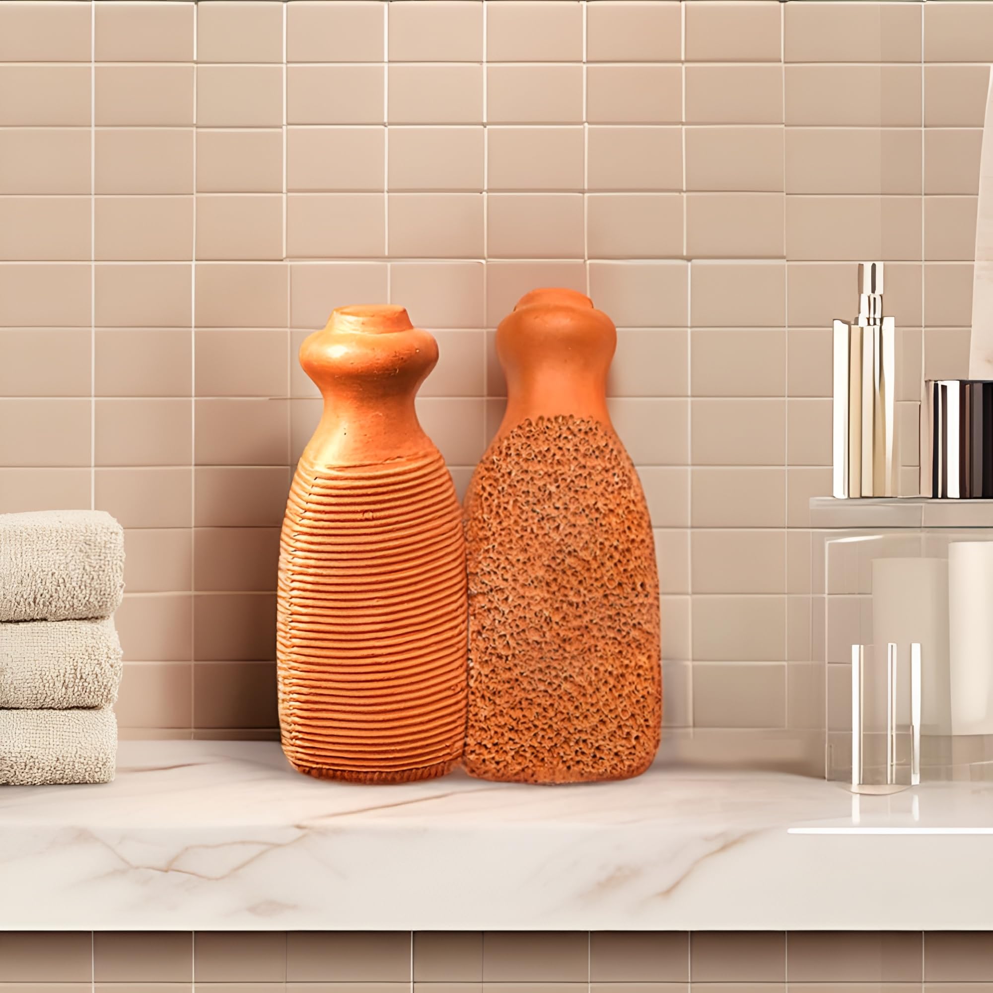 Quba Linen terracotta pumice stone showing dual textured surfaces