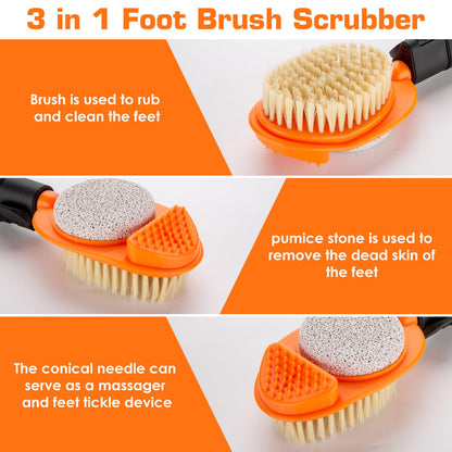 Elderly person using the long handle foot scrubber in the shower