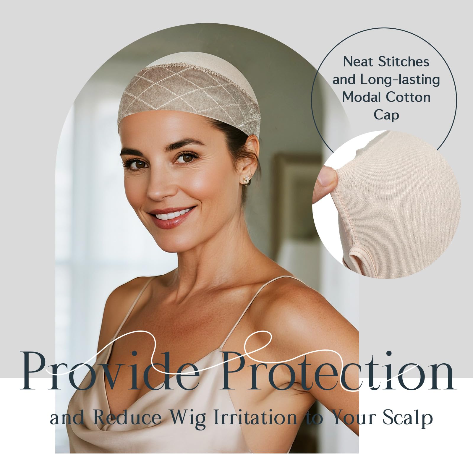 Soft stretch fabric of the female glueless hair accessory being extended to show flexibility