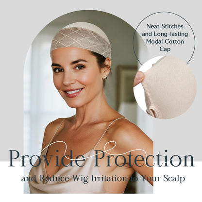 Soft stretch fabric of the female glueless hair accessory being extended to show flexibility