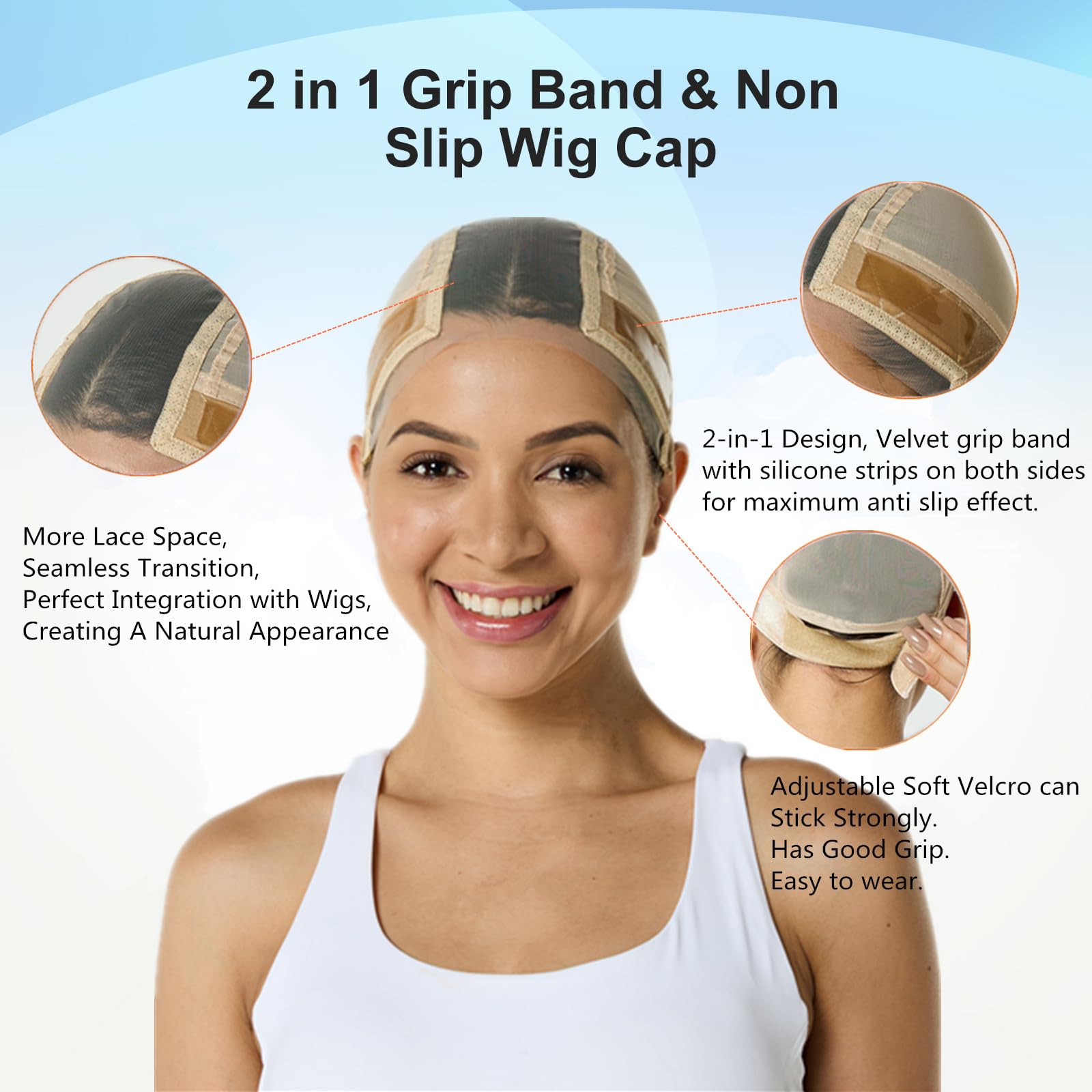Adjustable silicone grip band on nude wig cap for secure fit