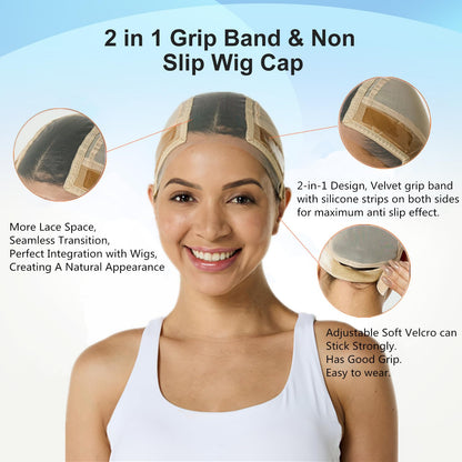 Adjustable silicone grip band on nude wig cap for secure fit