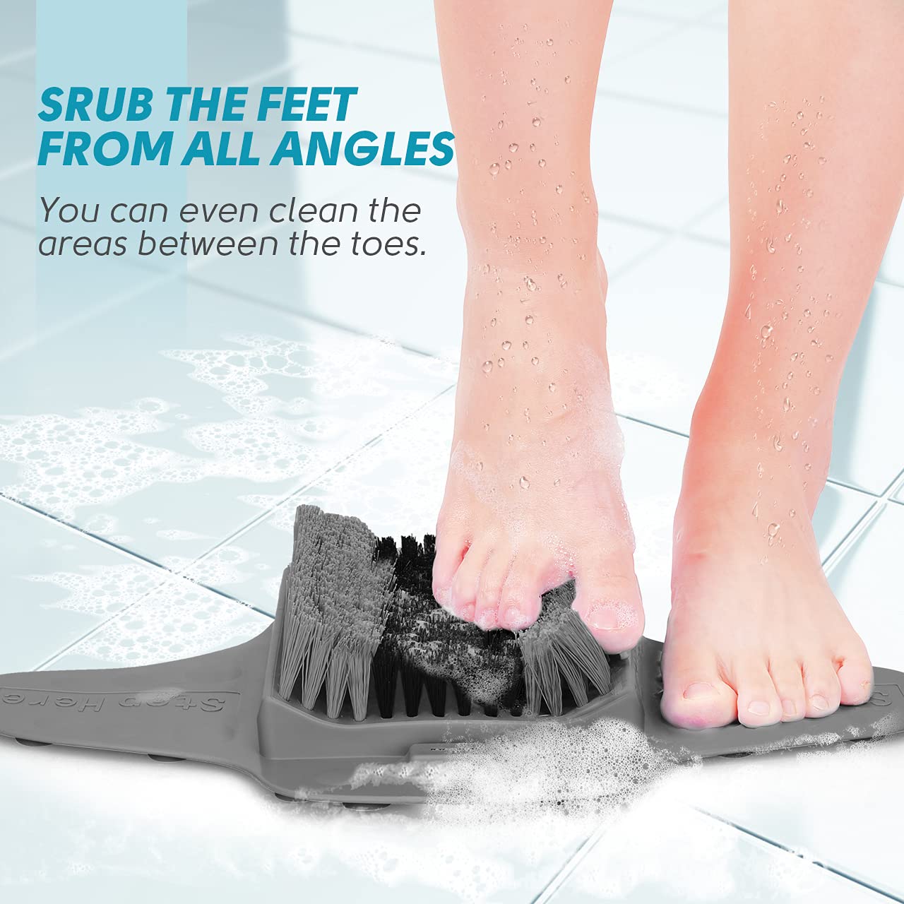 Person using Beskar foot scrubber in the shower for pedicure
