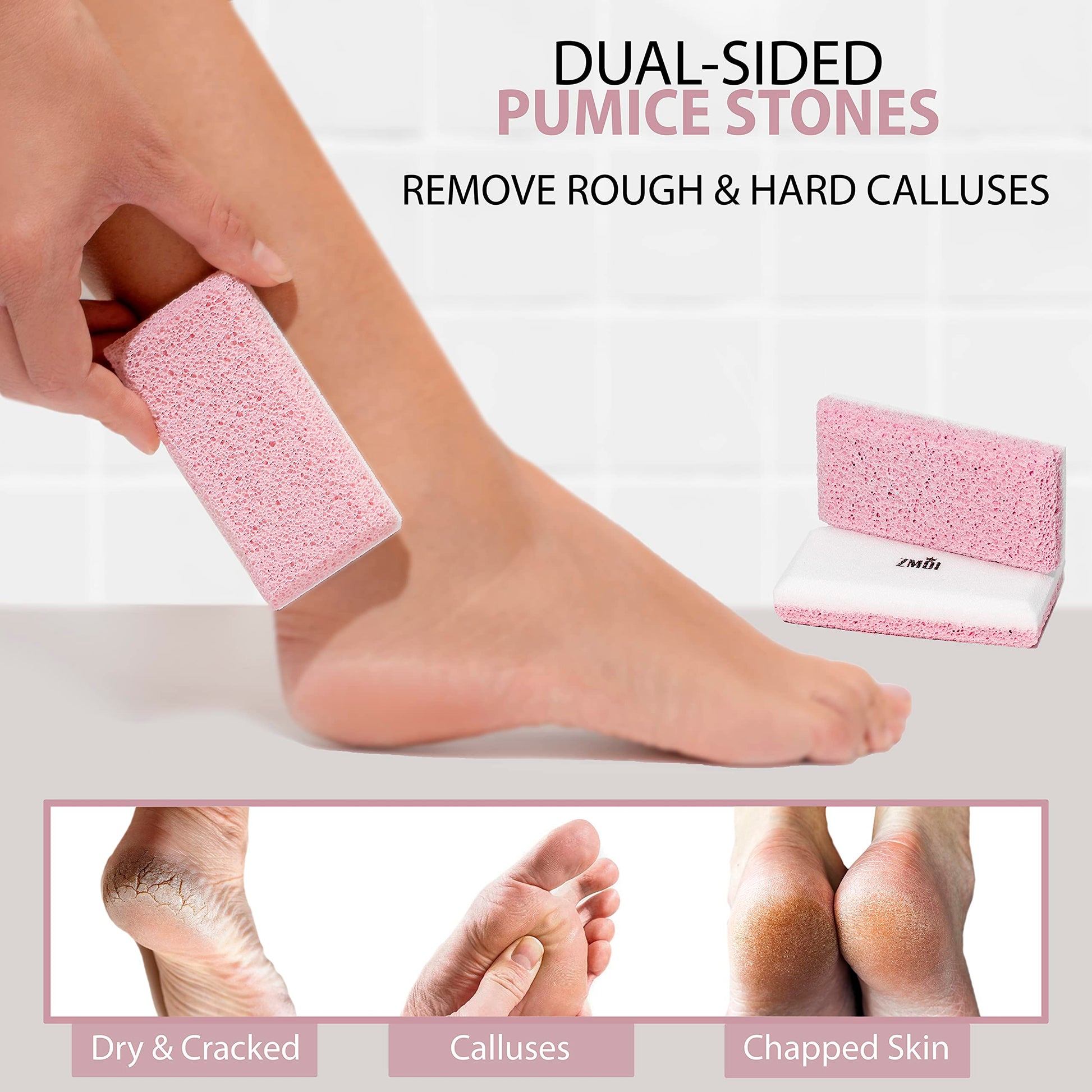 ZMOI dual-sided pedicure exfoliator showing rough and fine textures