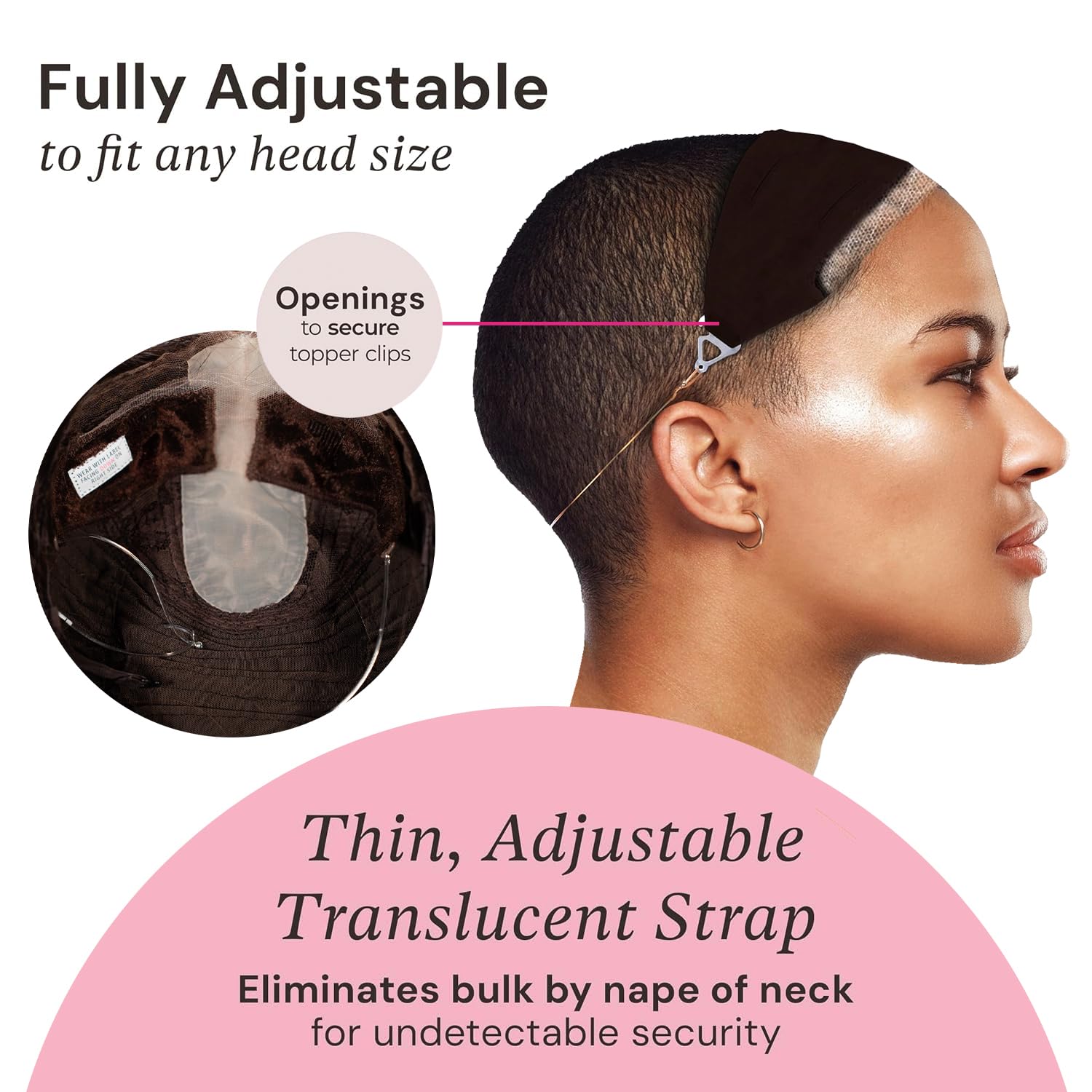 Adjustable back strap detail of the Milano Collection hair topper band
