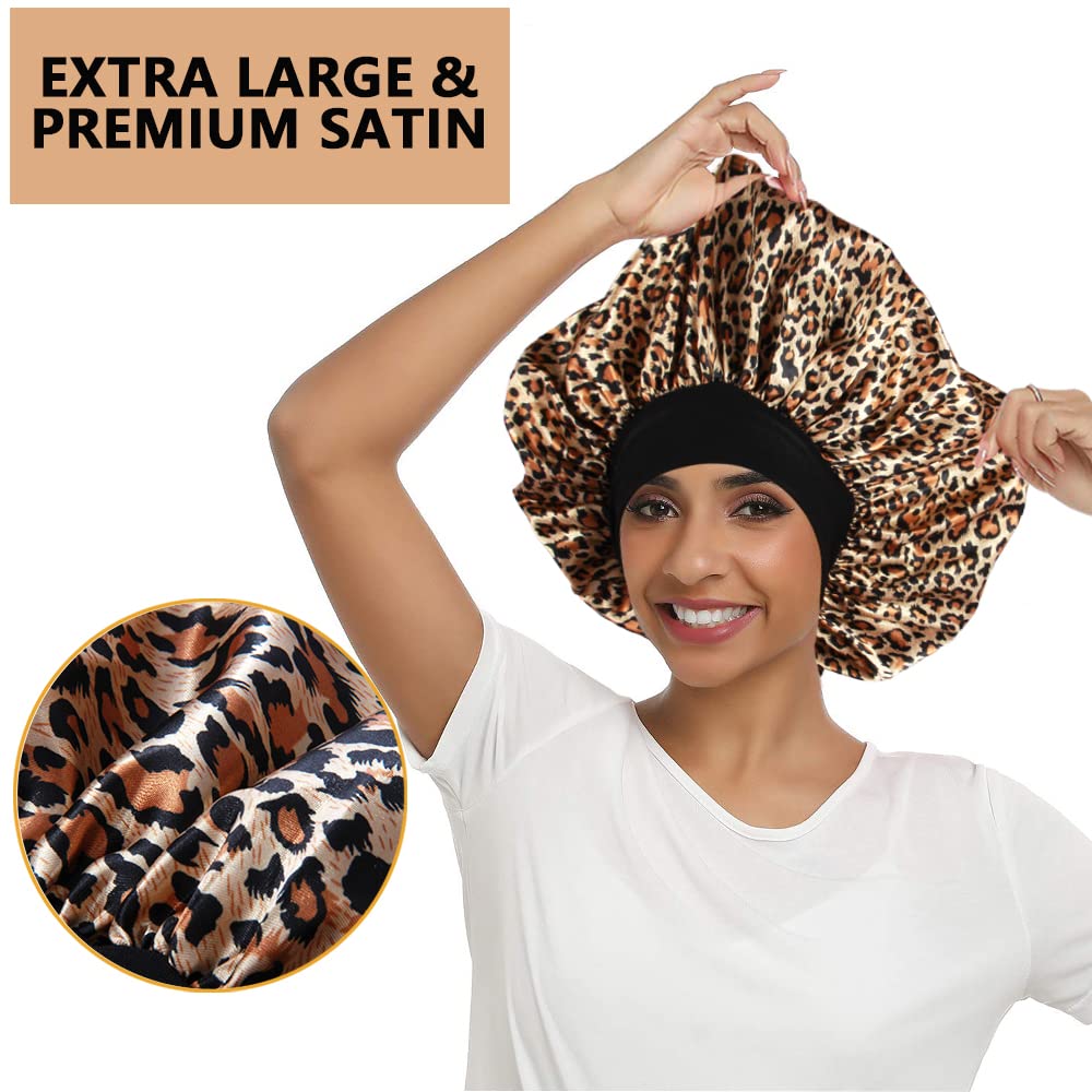 Model wearing a pink satin sleep bonnet for curly hair