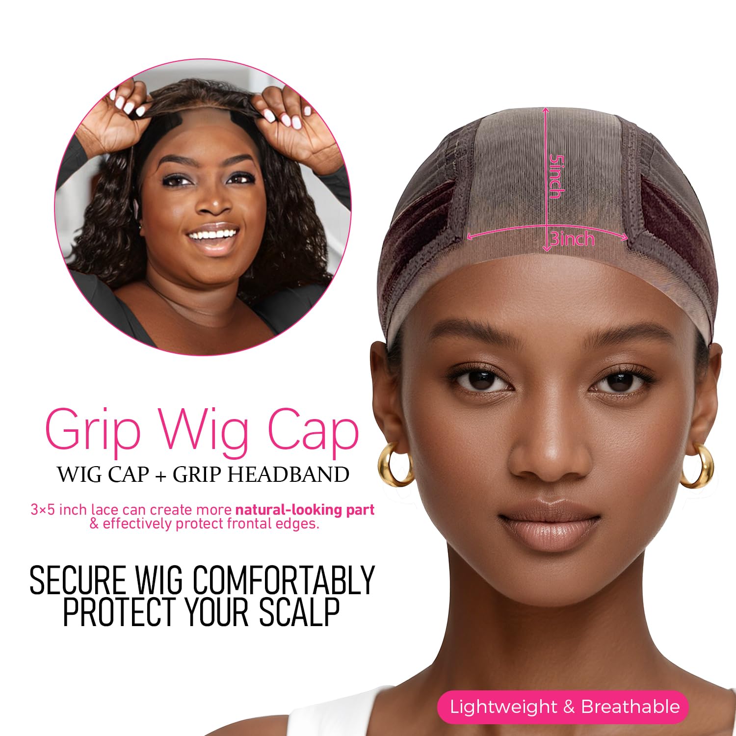 Labhairs wig cap showing non-slip velvet headband detail