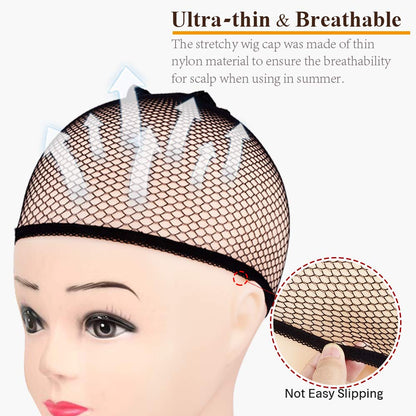 Morgles nylon wig cap being stretched to show elasticity