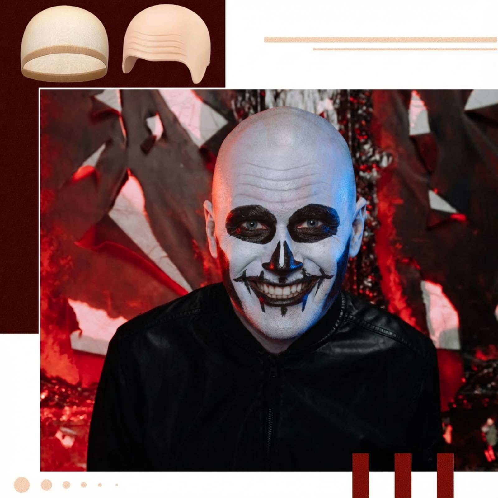 Close up of latex bald cap and mesh wig cap accessories