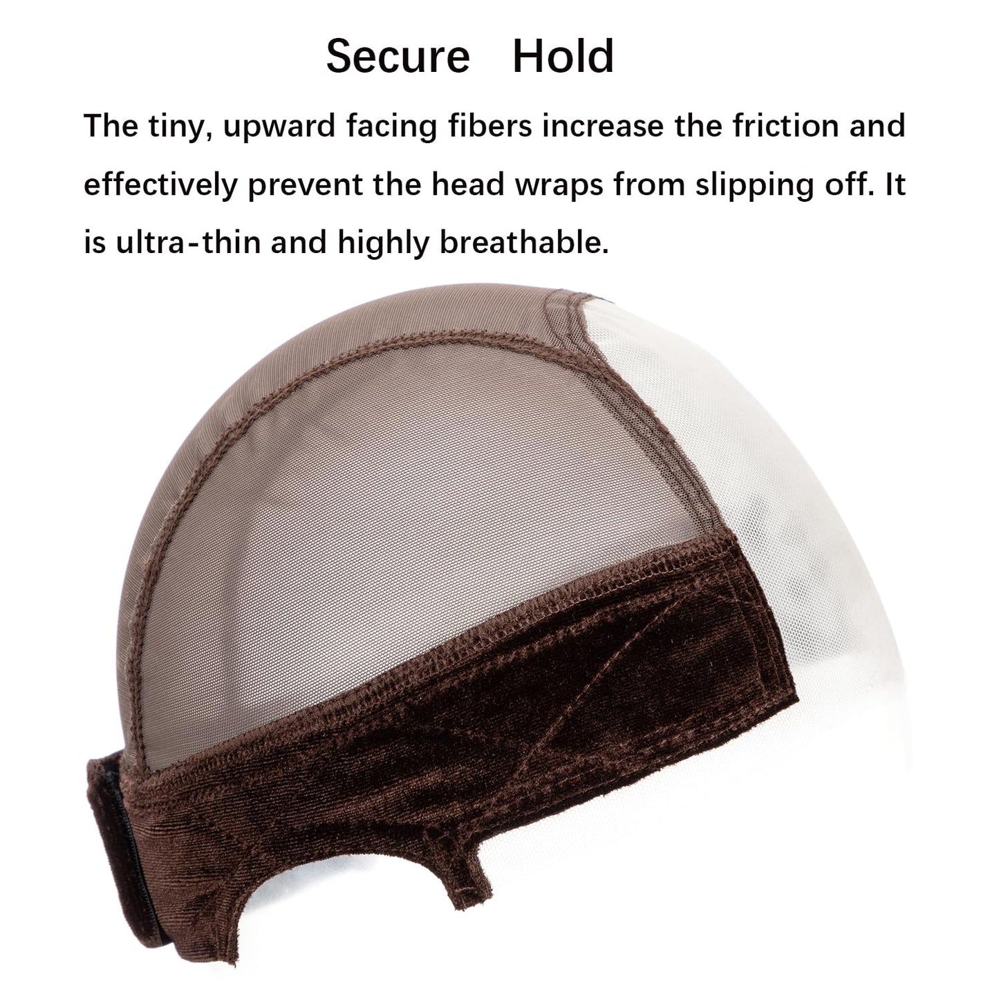 Adjustable elastic headband on brown wig grip cap