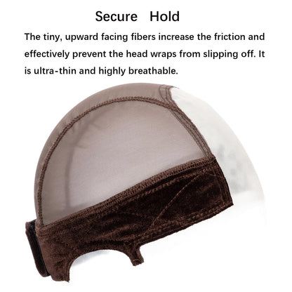 Adjustable elastic headband on brown wig grip cap