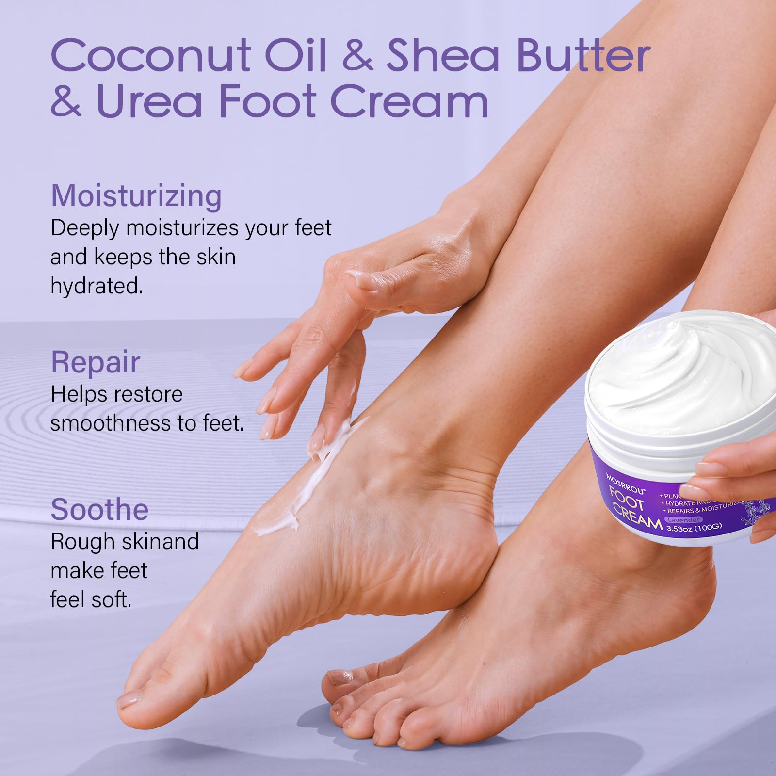 Close up of Mosrrou lavender foot cream 3.53 ounces jar