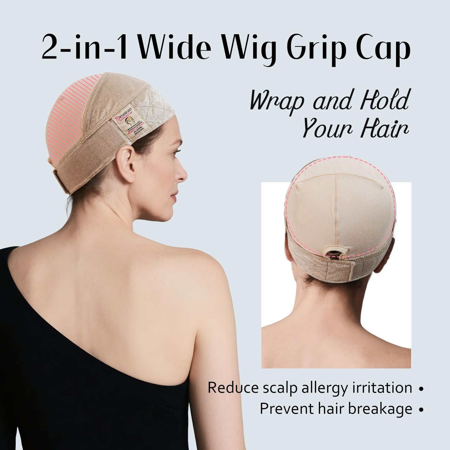 Dreamlover premium velour wig grip cap showing the adjustable hook and loop fastener at the back.