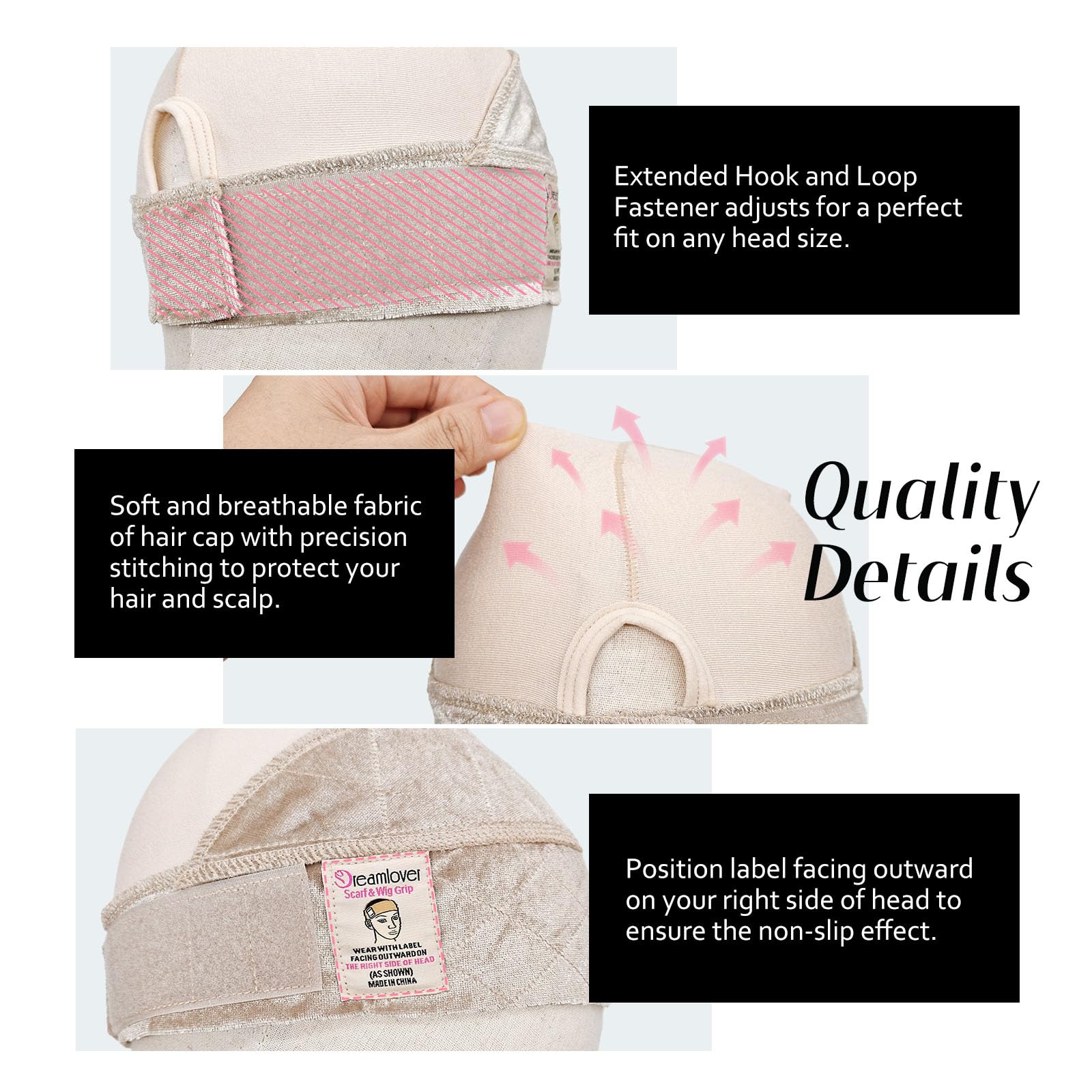 Dreamlover wide wig grip cap nude packaging indicating authentic imported hair styling solution.