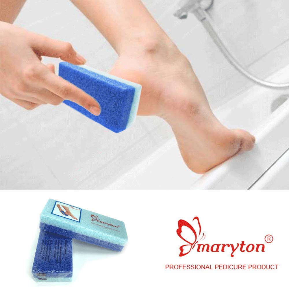 Maryton blue pumice block removing dry skin from a callus on an elbow