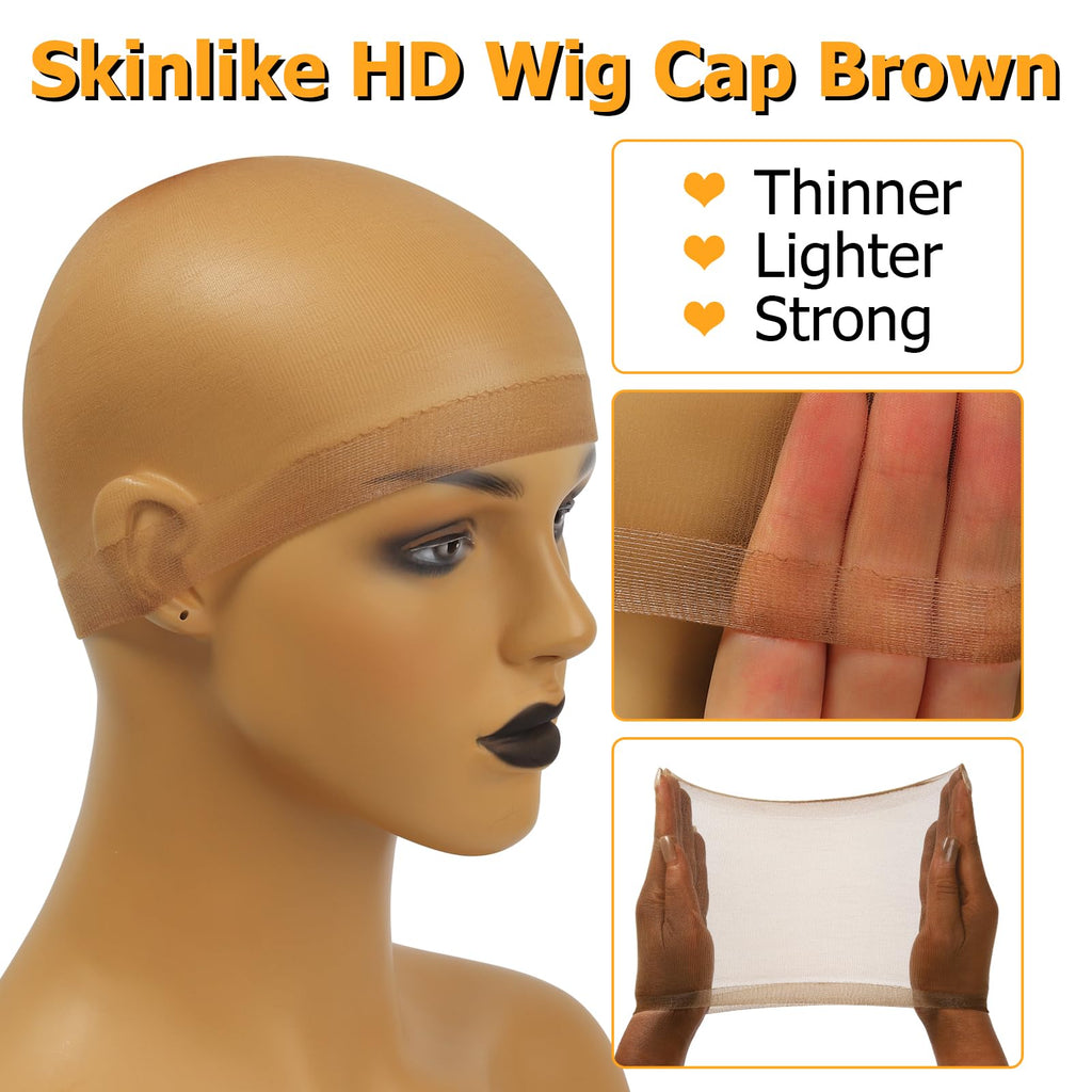 Model wearing dark brown HD wig cap for natural look