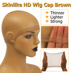 Model wearing dark brown HD wig cap for natural look