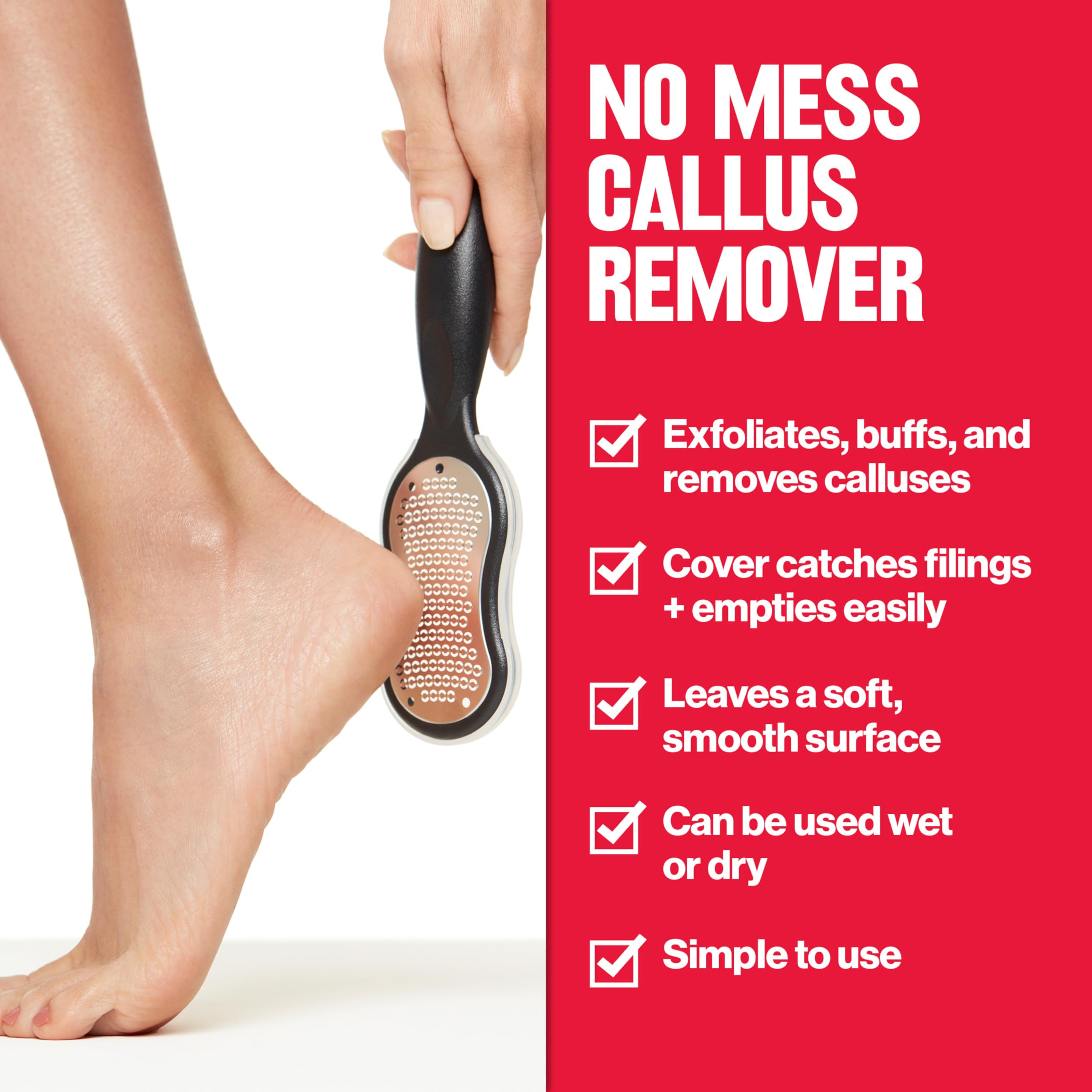 Revlon callus scraper showing the built-in debris catcher cover detached for easy skin shaving disposal.