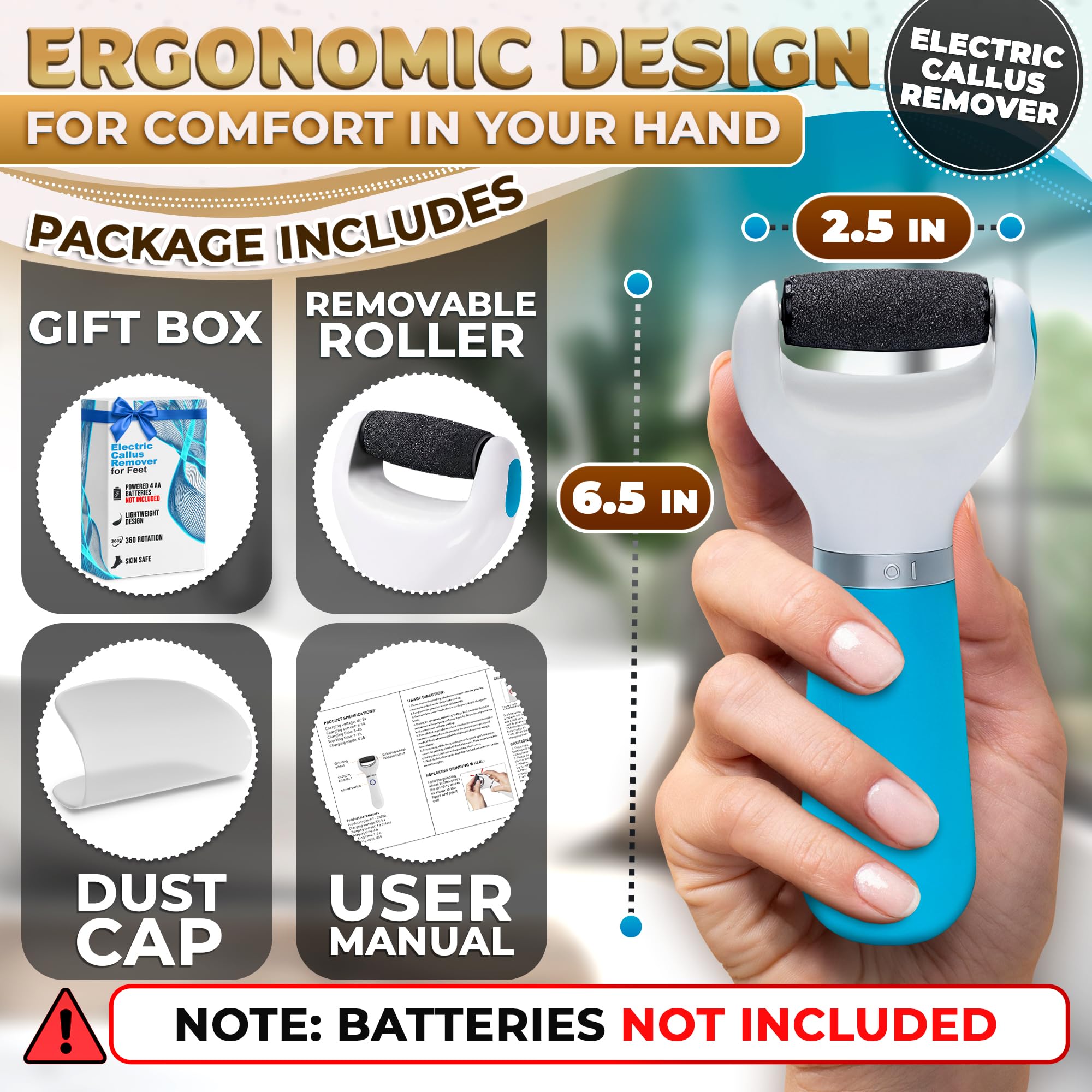 AZZORI battery powered foot file showing the microdermabrasion roller head close up.